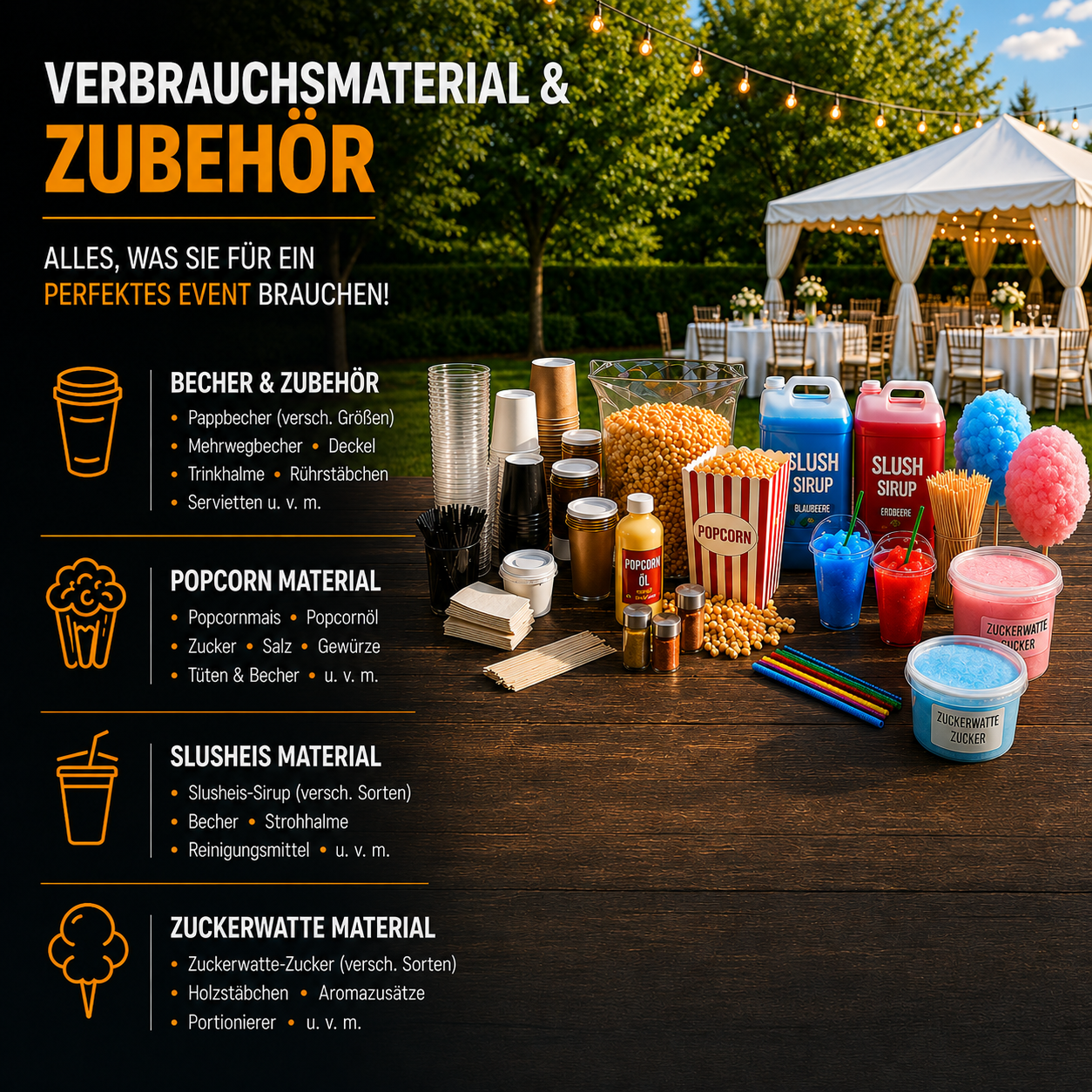 Verbrauchsmaterial und Zubehör für Veranstaltungen